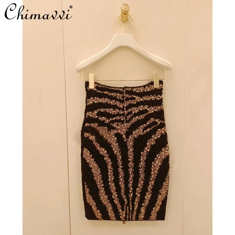 

High-End Skirt 2023 Autumn Fashion Socialite Exquisite Rhinestone Tweed Zebra Pattern Hip Skirt Elegant High Waist Slim Skirts