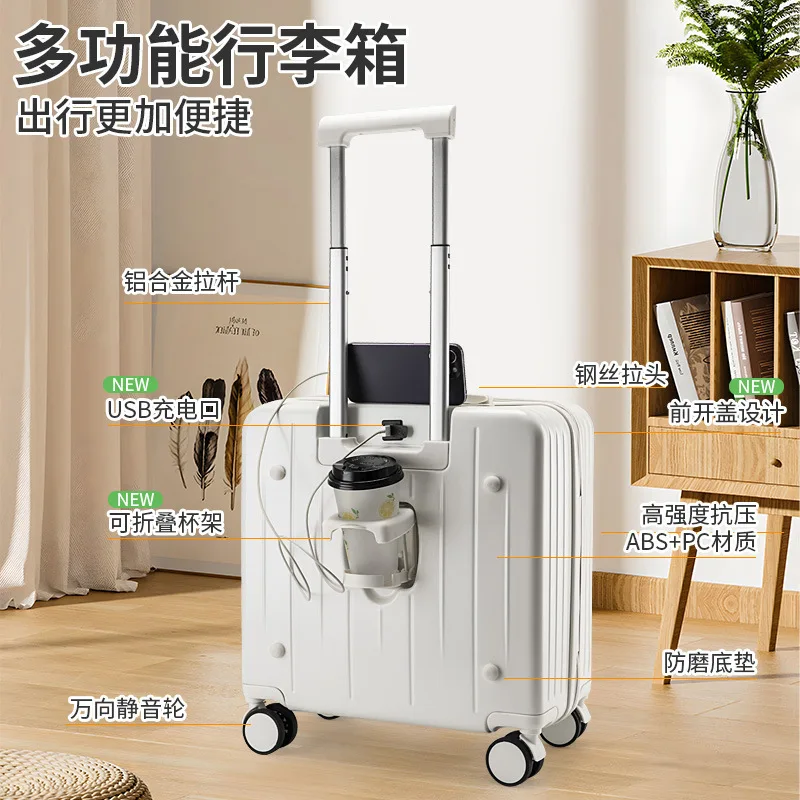 PLUENLI Front Fastening Suitcase Band Usb Cup Holder Multi-Functional Boarding Small Lightweight Computer Compartment Trolley