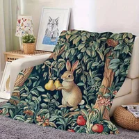 Classic Rabbit and Fruit Pattern Fleece Blanket Botanical Design Soft Warm Throw Boho Interior Decoration Bedding Cover for Home 3