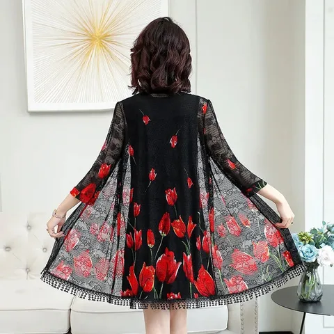 Women's Coat Mother Dress Shawl Medium Long Sun Protection Middle Aged Women Cardigan Lace Thin Take Out Phi Wind