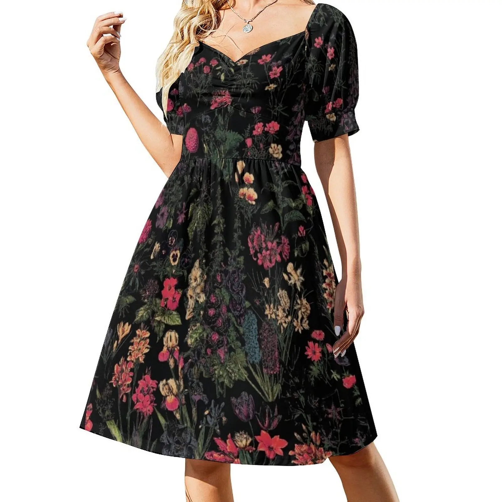 thumbnail image 1 of Vestido floral de medianoche de manga corta para mujer, estilo coreano, verano, 1 of 7