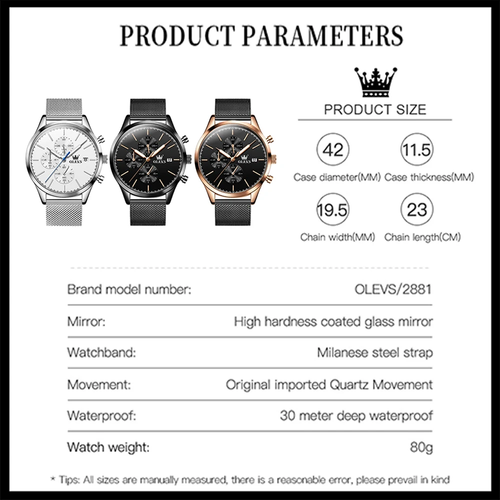 OLEVS Quartz Watch for Men Luxury Stainless Steel Mesh Belt Men's Watch Luminous Waterproof Chronograph  Wristwatch Reloj Hombre