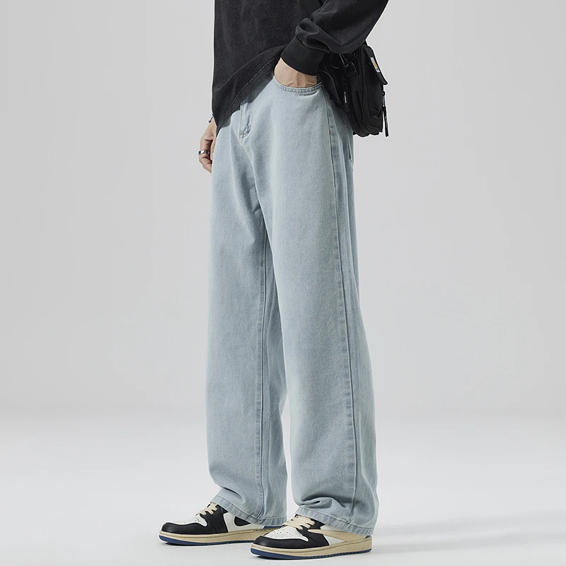 CUMUKKIYP Trendy Men's Loose-Fit Wide-Leg Jeans, American Style Denim Pants for Spring and Autumn