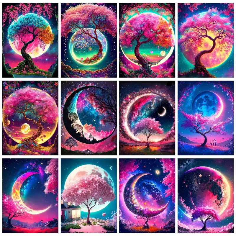 

CHENISTORY Oil Painting By Numbers Moon And Tree Picture Paint Handiwork Coloring By Numbers On Canvas Home Decors Gift Diy Set