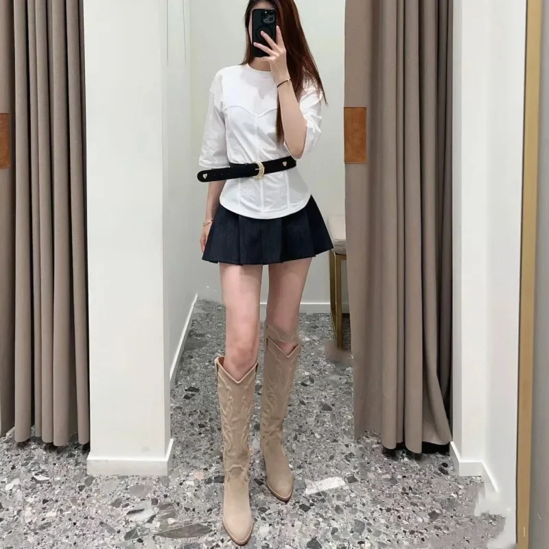 

Women O-Neck Short Sleeve Tees 2023 Summer New Casual Slim All-Match 100% Cotton T-Shirt With Belt
