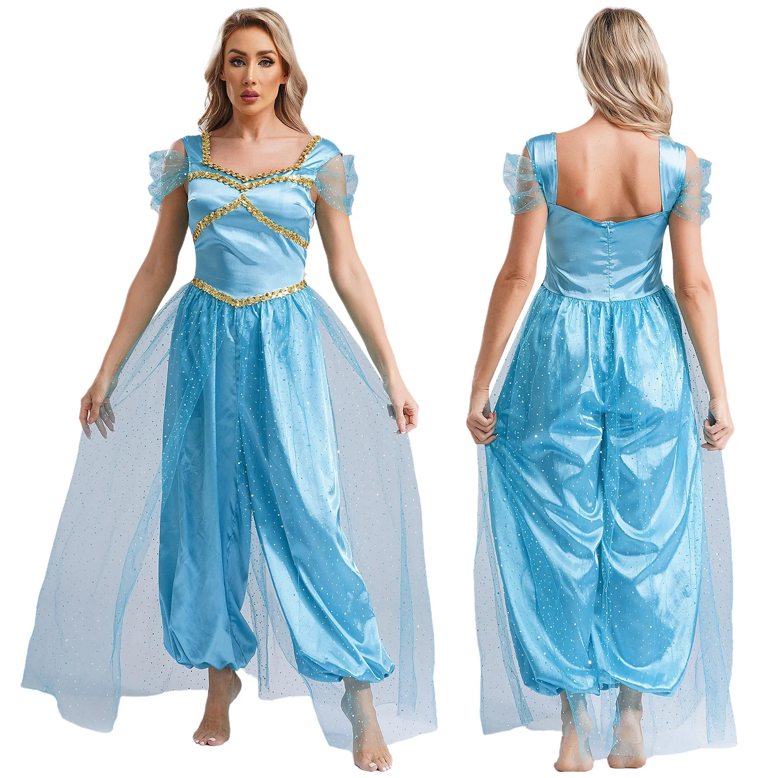 thumbnail image 1 of Disfraz de princesa árabe de Halloween para mujer, disfraz de Cosplay con adorno de lentejuelas, mameluco superpuesto de tul, trajes de danza del vientre, trajes indios de Bollywood, 1 of 5