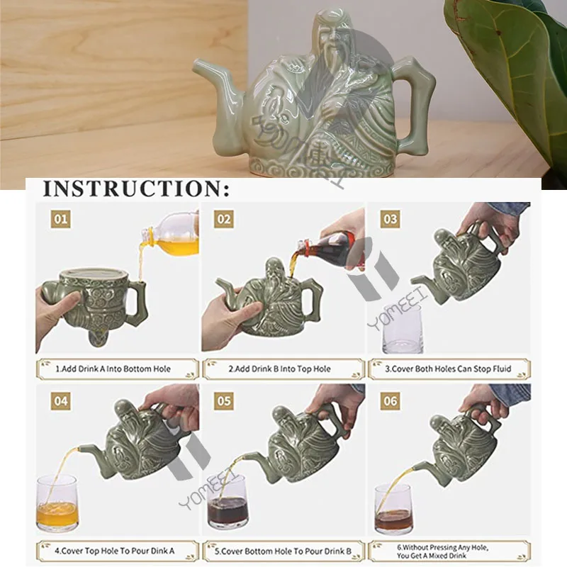 YOMEEI Ceramics Chinese Trick Teapot Handmade Wine Coffee Dual Purpose Pot Layered Drinking Container