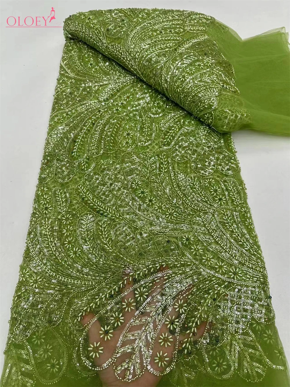 

2024 High -End Luxury Embroidery Heavy Handmade Beaded Lace Fabric African With Sequin Fabric For Wedding Dress