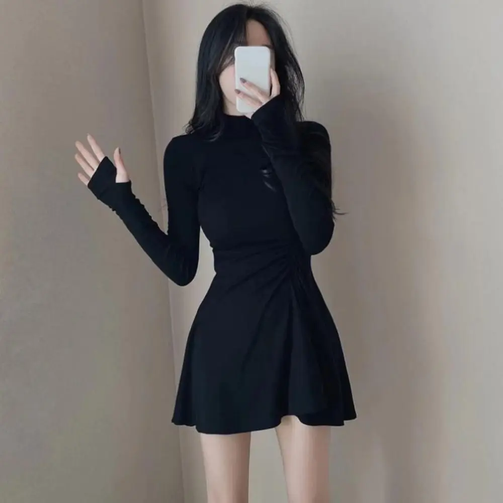 Long Sleeved Christmas Red Dress A-line Pleated Girls Irregular Dress Short Skirt Half High Collar Slim Thin Dress Ladies/Girl