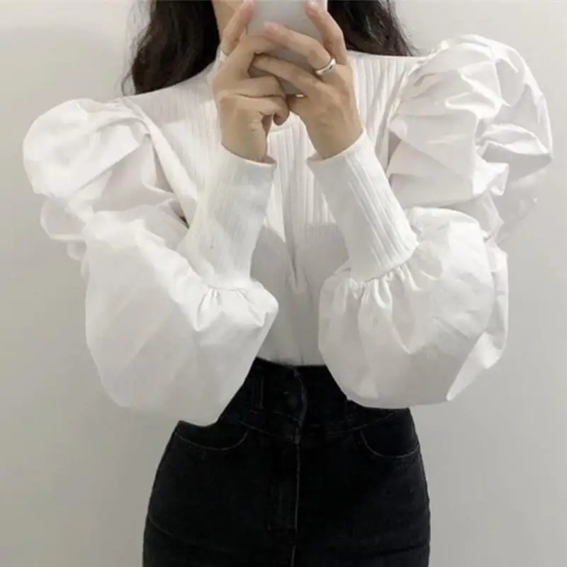 

Woman Spring Autumn Style Blouses Shirt Lady Long Puff Sleeve O-neck Loose Blusas Tops 2024 News Top Shirts Female V209