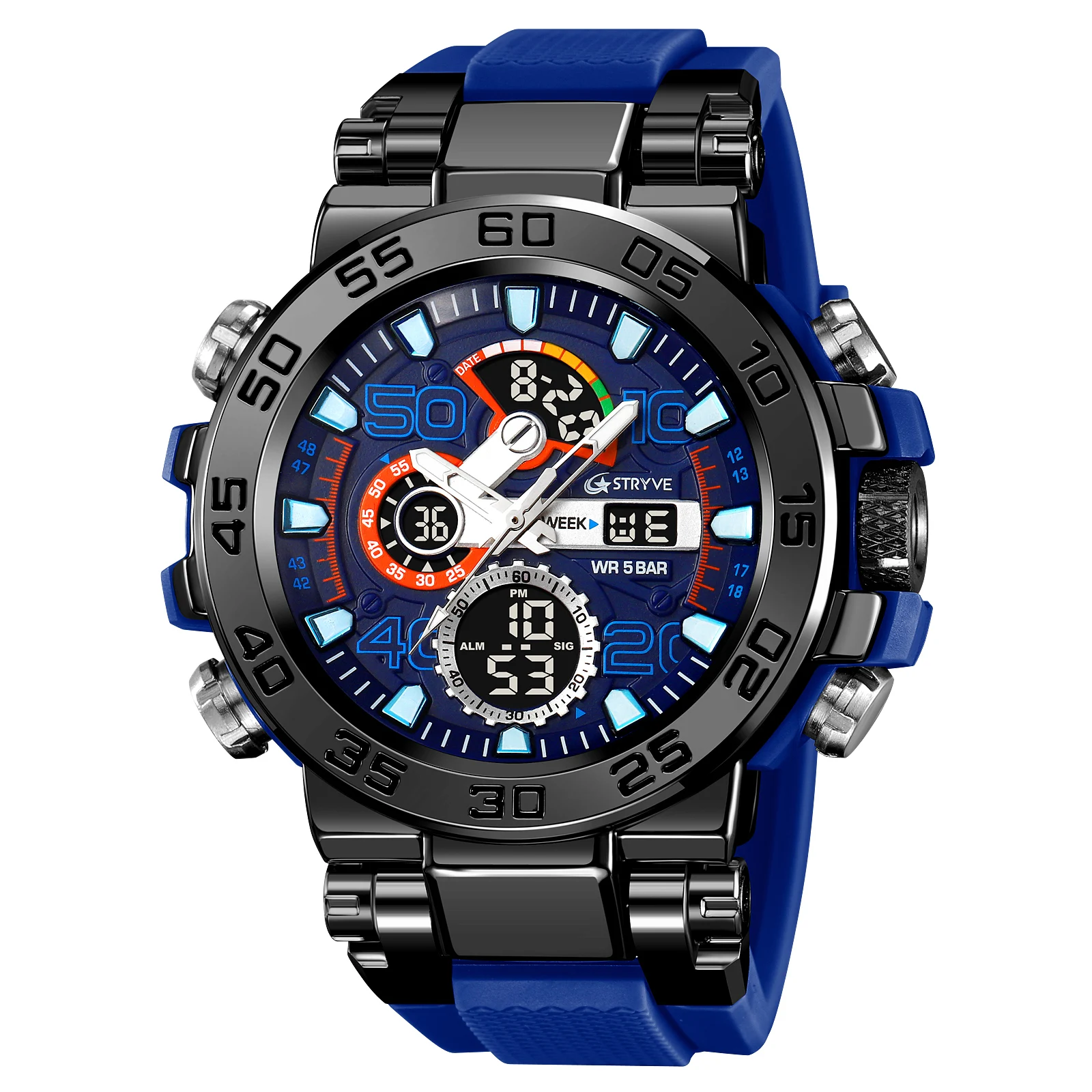 STRYVE New Men's Sport Watches Shock Resistant 50M Waterproof Wristwatch LED Alarm Stopwatch Clock Watches Men 8030 4