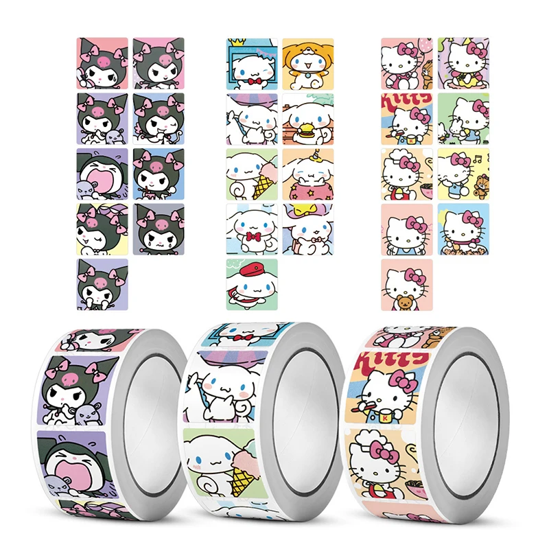 

500 шт./рулон, стикеры Sanrio Kawaii Kuromi Hello Kitty P Cinnamoroll
