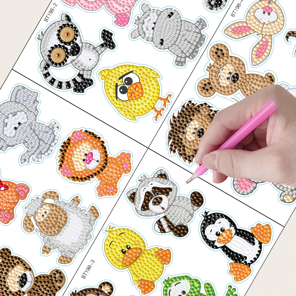 24pcs Animal Gem Sticker Diamond Painting Stickers Kits Art Crafts Handmade DIY Cartoon Stickers for Kids Beginner Children Gift