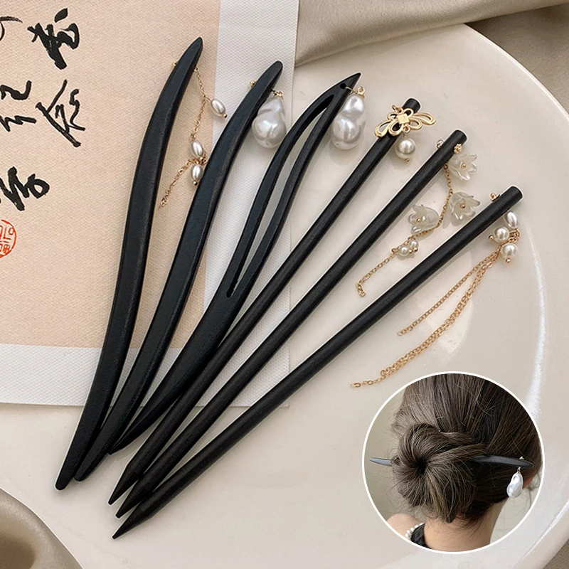 Chinese Style Vintage Hair Sticks Hairpin Wood Pearl Tassel Hair Clips