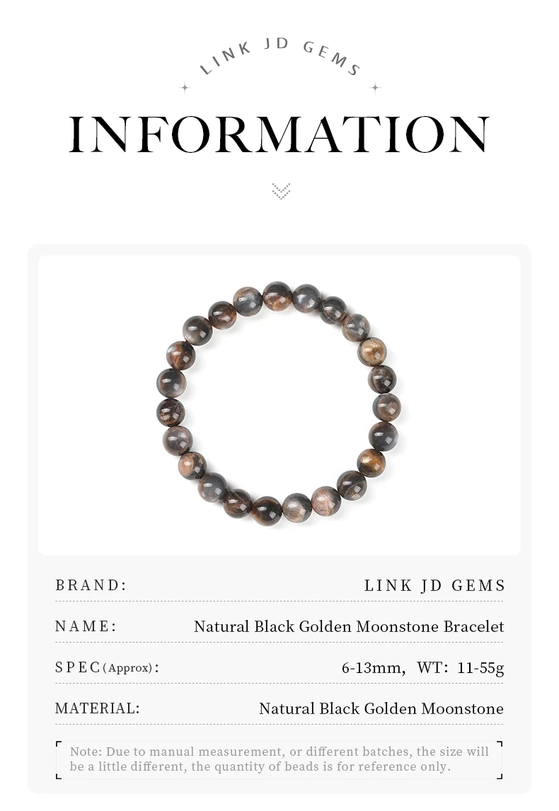 JD Naturstein Schwarz Golden Mondstein Perlen Armbänder Damen Herren Chic Dream Charm Emotionale Heilung Stretch Energie Armband – Detail 2