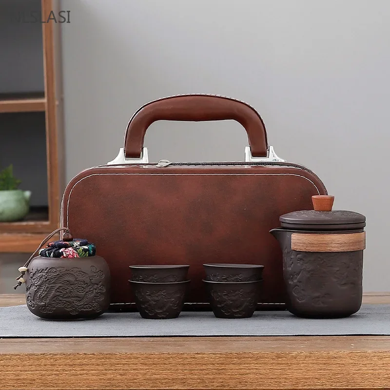 Yixing Purple Clay Tea Set Handmade Beauty Teapot Drinkware Tea Pot and Cup Set Chinese Zisha Puer Teaset with Storage Bag