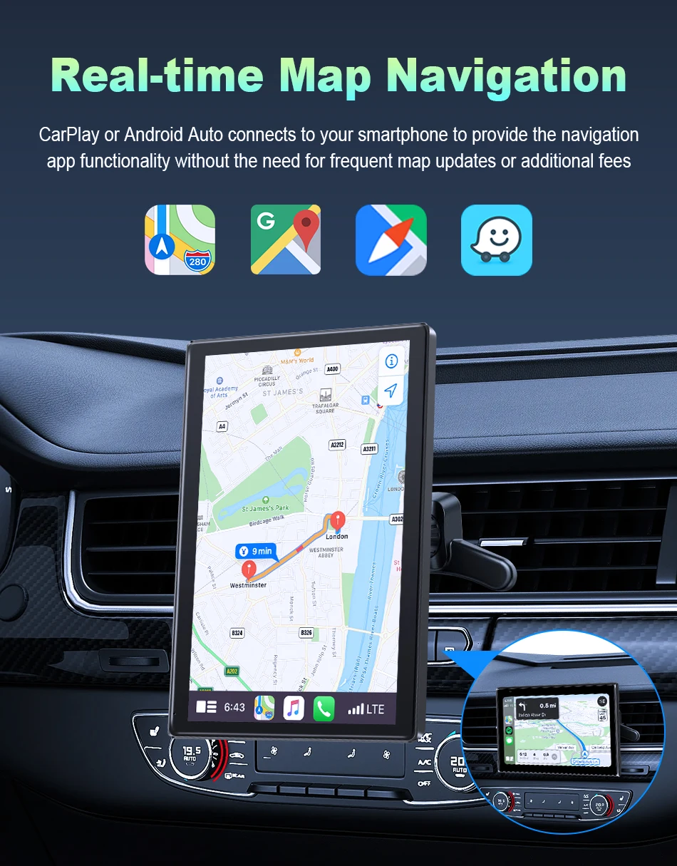 Srnubi 7" Carplay für Autoradio, kabelloses Carplay, Android, Auto-Armaturenbrett, Spiegel, Video, magnetische Halterung, Landschaft und vertikaler Bildschirm – Detail 4