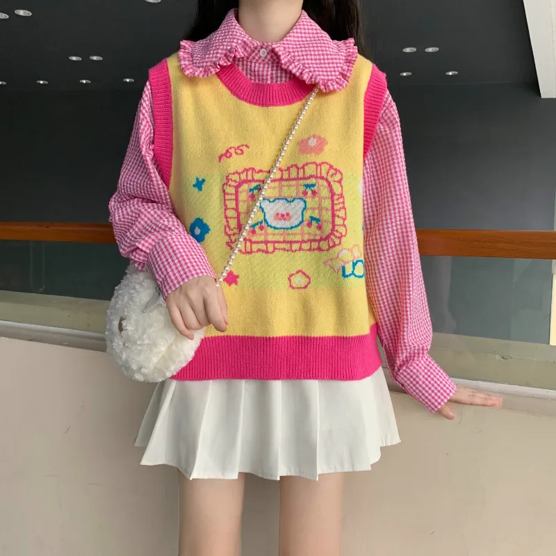 

Preppy Style Cute JK Sweaters harajuku Japanese Winter New Sweet Girly Loose Kawaii Cartoon Knitted Sleeveless Vest Sweater y2k