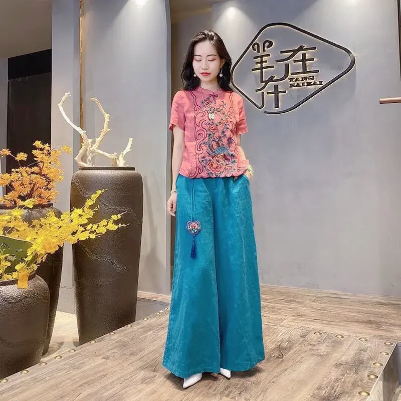 Cotton and Linen New National Style Blouse Female Summer Chinese Style Short Sleeve Buttons Floral Embroidered Shirt