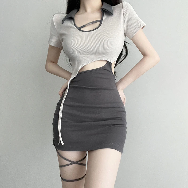 

Women's Slim Dress American Retro Turndown Collar Contrast Color Spliced Hollow Design Strap Short Sleeves Slim Sexy Summer