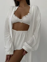 Marthaqiqi Casual Women Nightgowns Set V-Neck Sleepwear Long Sleeve Robe Underwear Shorts White Loose Ladies Pajama 3 Piece Suit