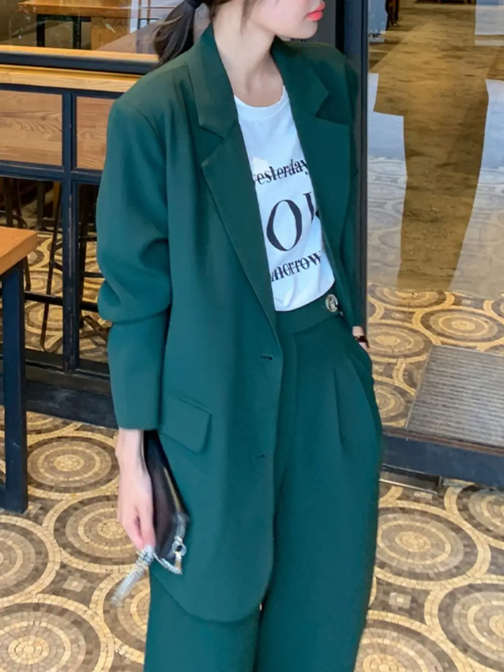 Women's 2023 Fashion New Single Breasted Loose Dark Green Blazer Set Female Jacket+Casual Wide-Leg Pants Suit Outerwear Outfit