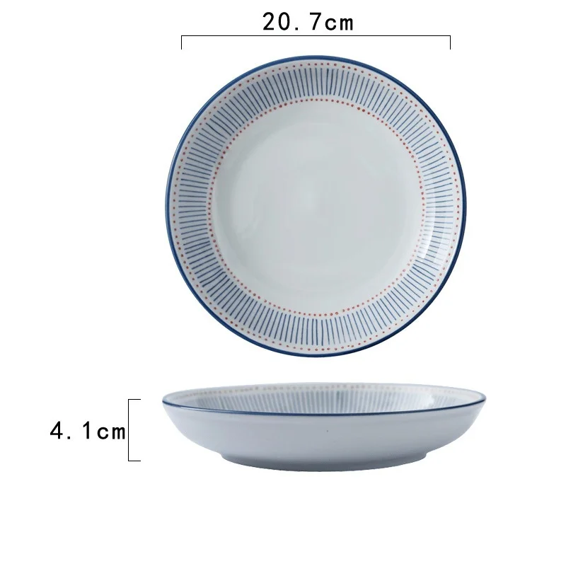 8in Japanese Ceramic Dinner Plate Blue And White Striped Deep Dessert Steak Tray Chinese Tableware