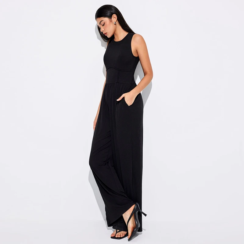 InsLucky Casual Solid Sleeveless Wide Leg Jumpsuit For Women Tank Tube Zipper Trousers Slim Sexy Elegant Office Lady Jumpsuits
