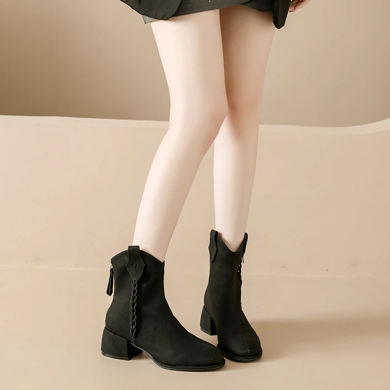 Aphixta 5cm High Heels Ankle Boots High Quality Leather Weave Dec Woman Autumn Shoes Back Zipper Modern Boot Ladies Footwear