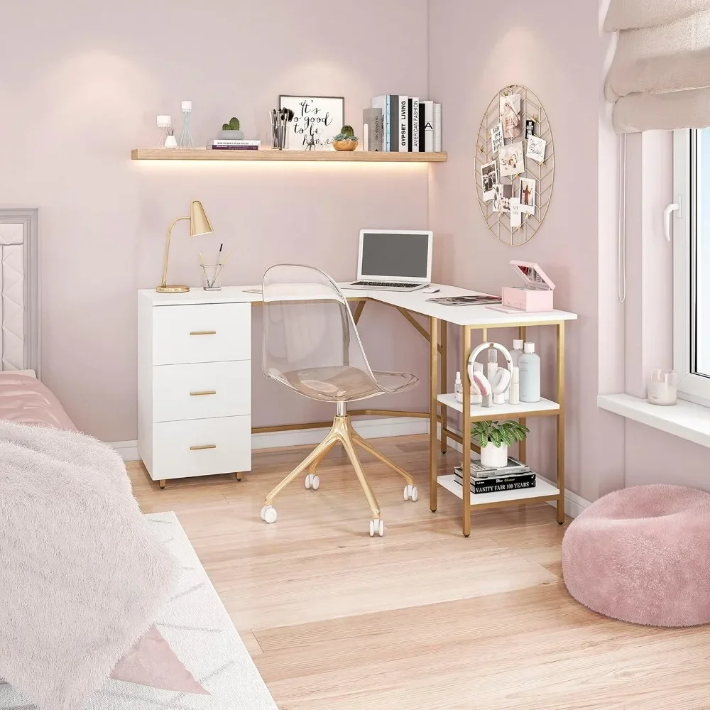 L Shaped Desk-Two-Toned Computer Desk with Drawers & Storage Shelves-Simple Modern Furniture & Home Office