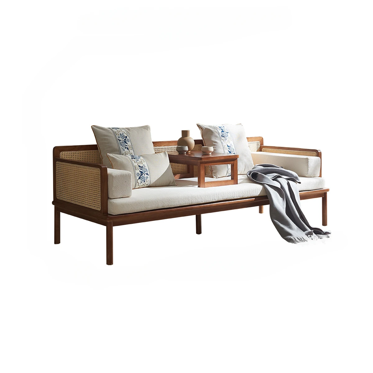

Rattan sofa, living room, solid wood Arhat bed combination, small apartment, retractable sleeping couch