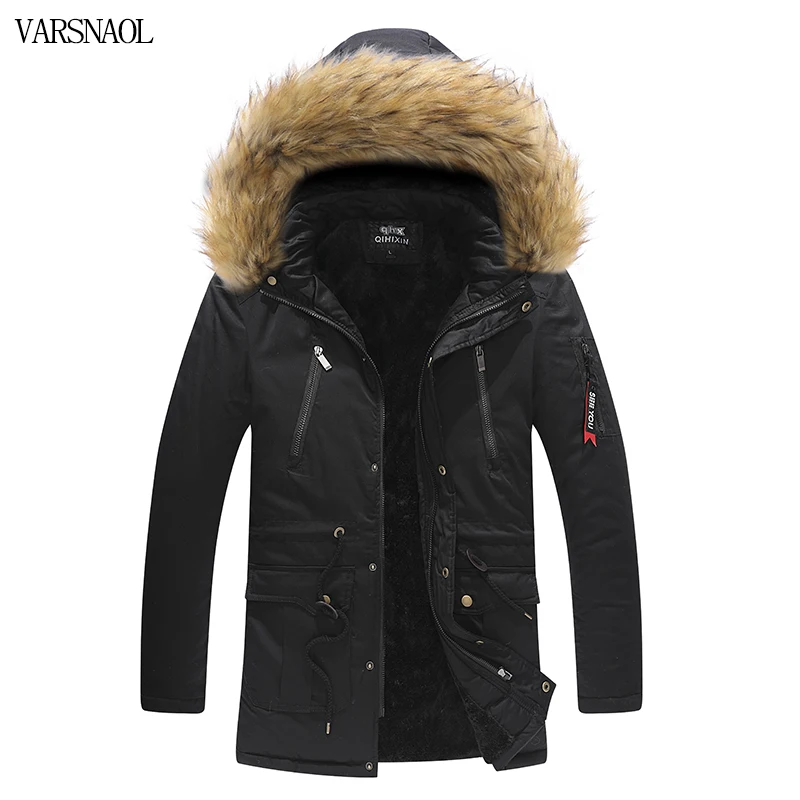 

Varsanol Winter Mens Jacket Parkas Hooded Fur Collar Men Clothes Thick Warm Fleece Lined Jacket Outdoor Mid-Long Jacket Coat Man