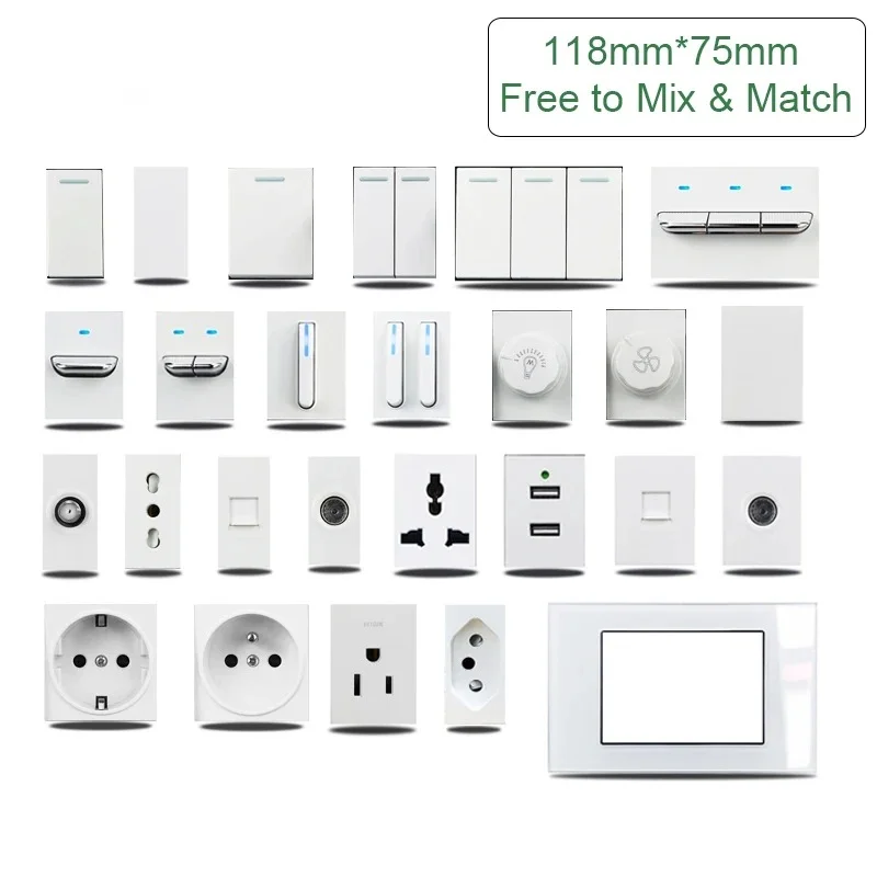 สวิตช์แบบกดติดปล่อยดับอัตโนมัติ ขนาด 118*75 มม. สีขาว พร้อมเต้ารับ DIY 1 2 3 ช่อง 2 ทาง พร้อมระบบหรี่ไฟและควบคุมพัดลม แบบเต้ารับ US AU อิตาลี 1
