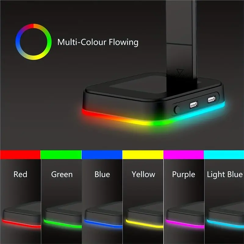 RGB 색상 변경 LED 게이밍 헤드셋 스탠드, 키보드 마우스 휴대폰 충전을 위한 듀얼 USB 포트가 있는 속도 조절 가능