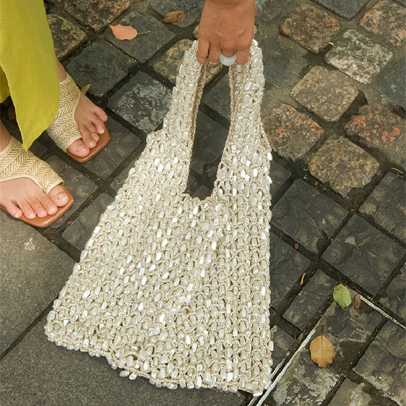 High Quality Fashion Stones Woven Handmade Bucket Bag Large Capacity Female Shoulder Underarm Bag Holiday Vacation Travel Bag