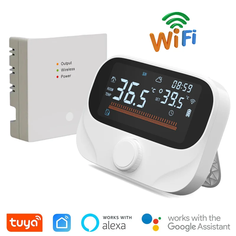 Tuya Smart Home Wifi Wireless Thermostat RF แบตเตอรี่หม้อต้มแก๊สเครื่องทําความร้อนอุณหภูมิแบบดิจิตอล Controller Alexa Google Home 1