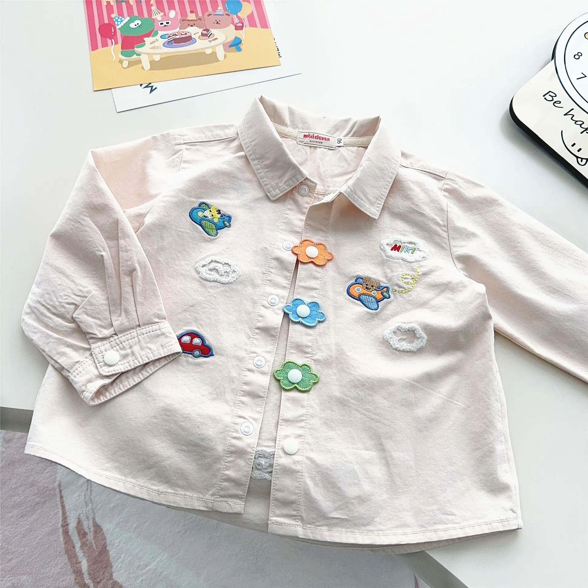 Japanese Children's Clothing 25 Spring New Item Men's And Women's Lapel Embroidery Loose Teddy Bear Flying Cartoon Shirt