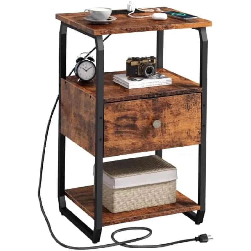 

KHLJJU Nightstand with Charging Station, Bedside Tables with USB Ports and Outlets, Side Table with Drawer for Small Spaces
