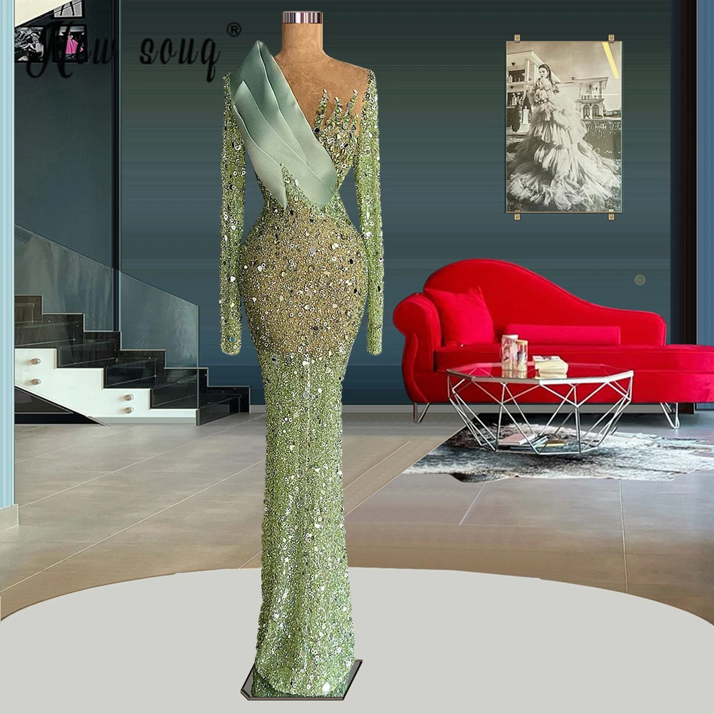 

Luxury Green Beaded Mermaid Evening Dresses 2023 Elegant Long Sleeve Crystal Formal Dress Plus Size Custom Made Arabic Prom Gown