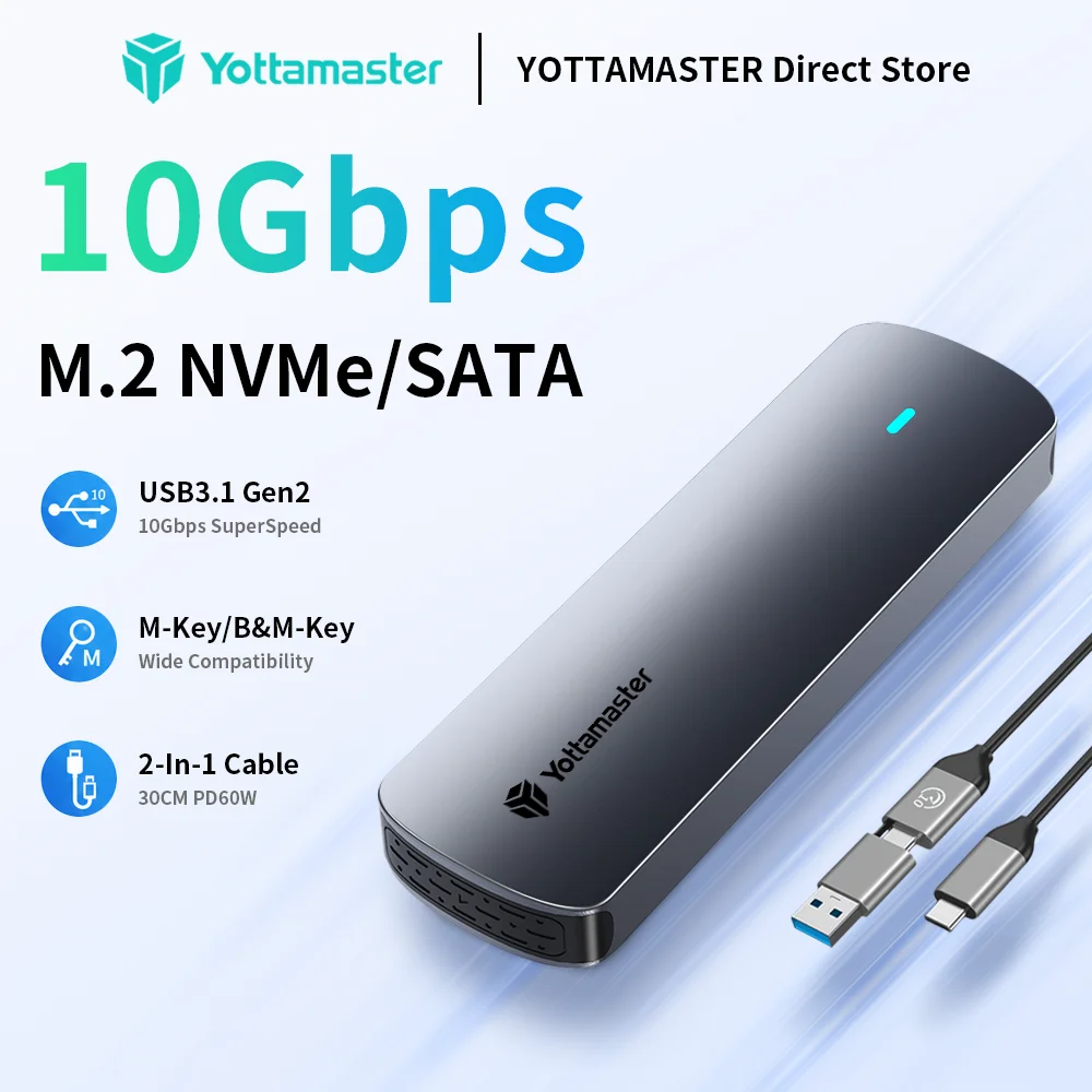 מארז Yottamaster SATA M.2 NVMe SSD עם מתאם NVMe ל-USB כפול פרוטוקול, USB 3.1 Gen2, מארז חיצוני מסוג USB C, סגסוגת אלומיניום
