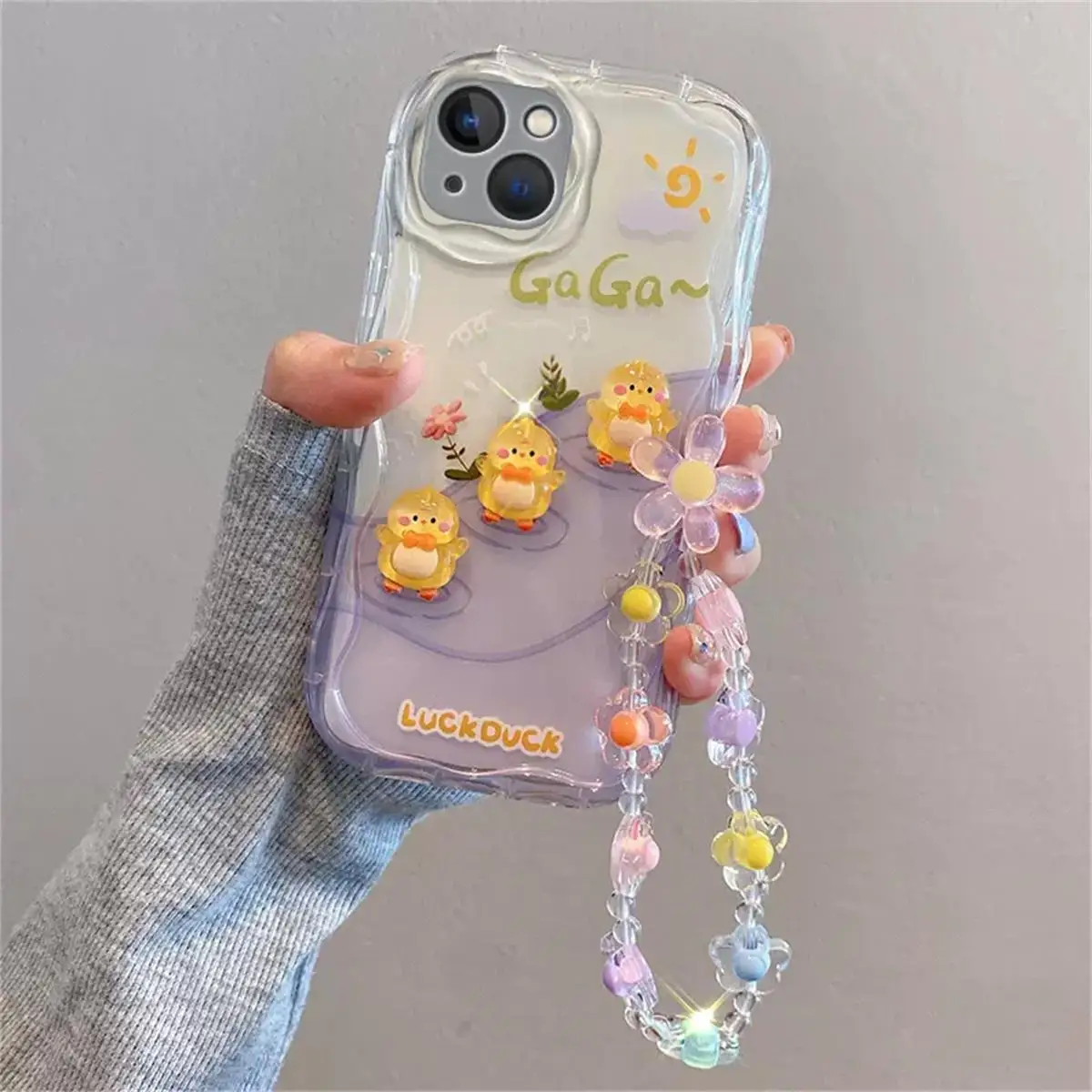 Cute Bear Pattern Flower Hang Chain Clear Soft Phone Case