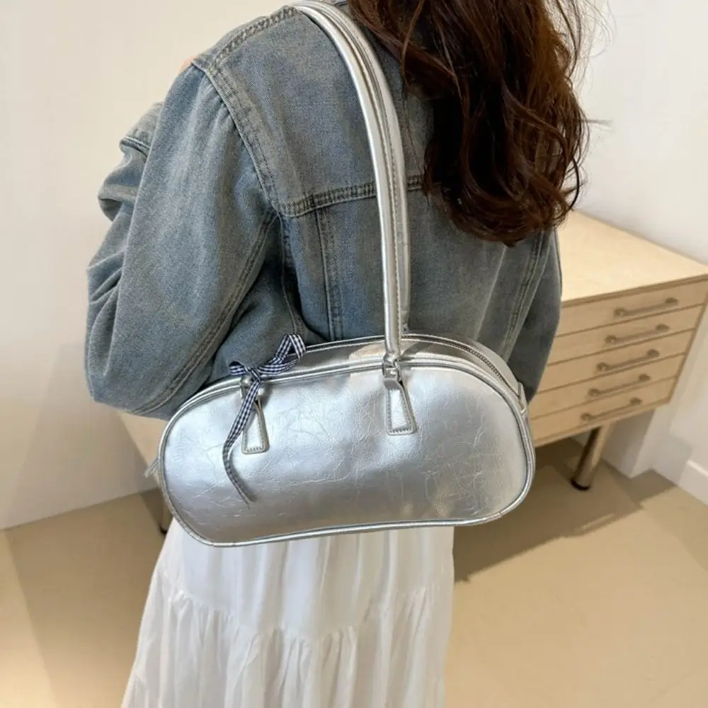 

Large Capacity Ribbons Bowling Bag Vintage PU Leather Balletcore Bow Bowler Bag Underarm Bag Handbag Silver Single Shoulder Bag