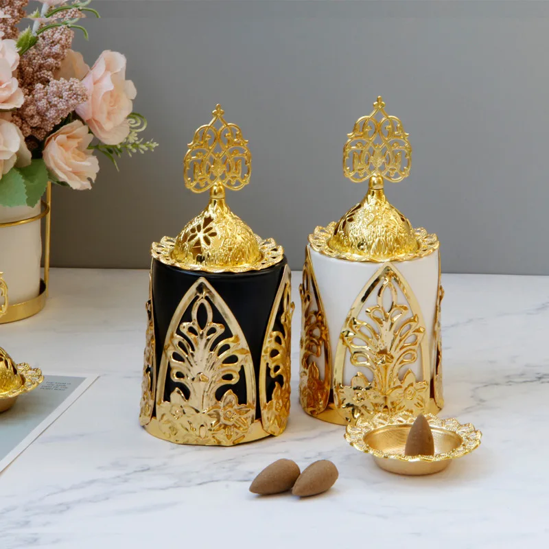 Ceramic Perfume Burner Luxury Burns Perfume Candle Flat Heater Gold Arabian Bakhoor Incense