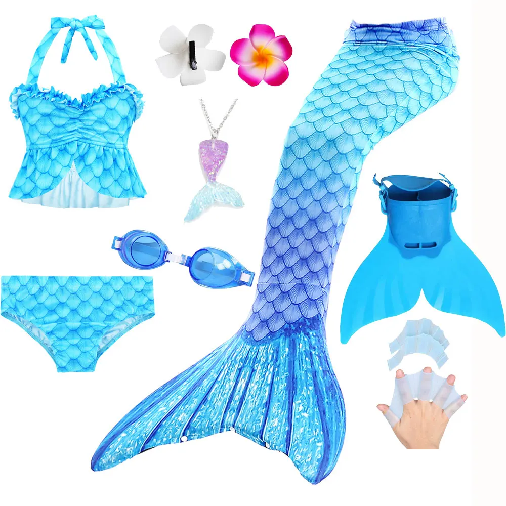 Girls Mermaid Tailskin Swim Dress Cosplay Children Blue Mermaid Tail With Bikini Tops Shorts Monofin Anime Costume