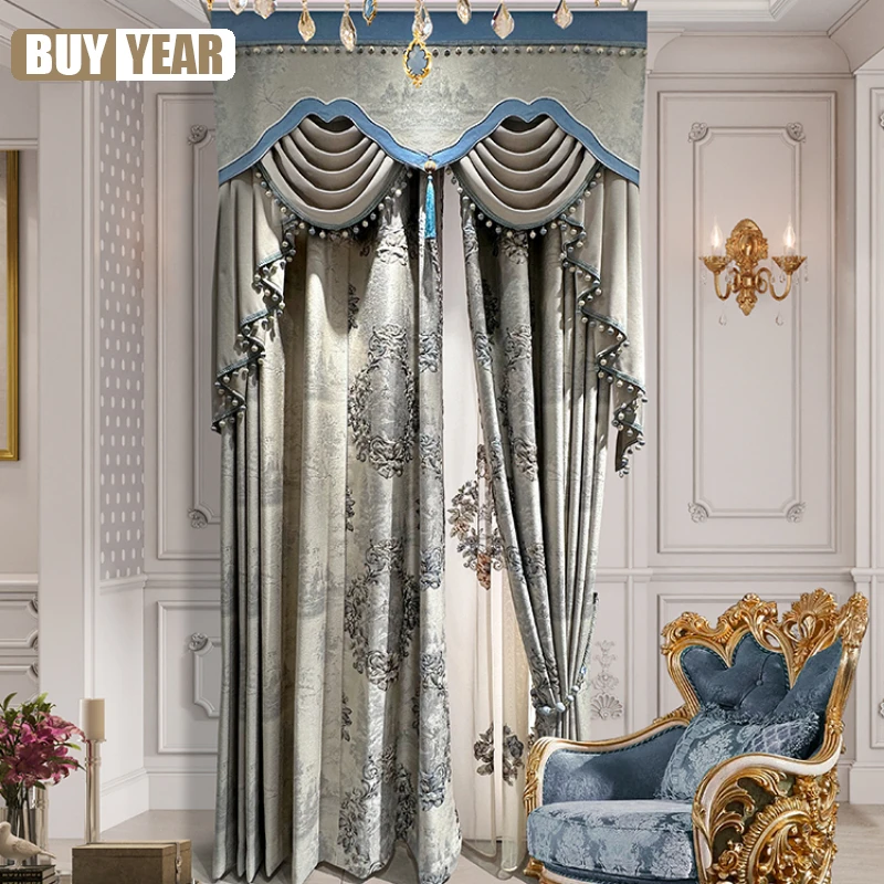 

European jacquard high-end atmospheric blackout Embroidered Curtains for Living Dining room Bedroom tulle Valance Custom