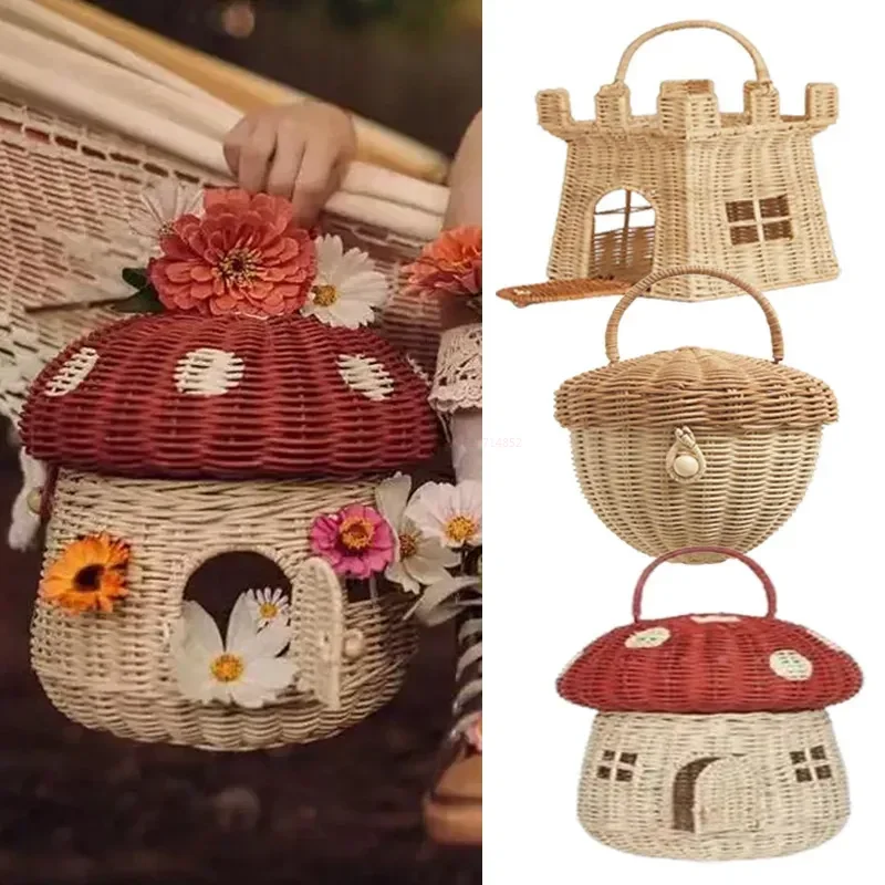 

Корзина ручной работы из ротанга в виде грибов, Детская сумка для хранения, реквизит для фото, детские сумки для пикника, пасторальный клатч, сценический набор