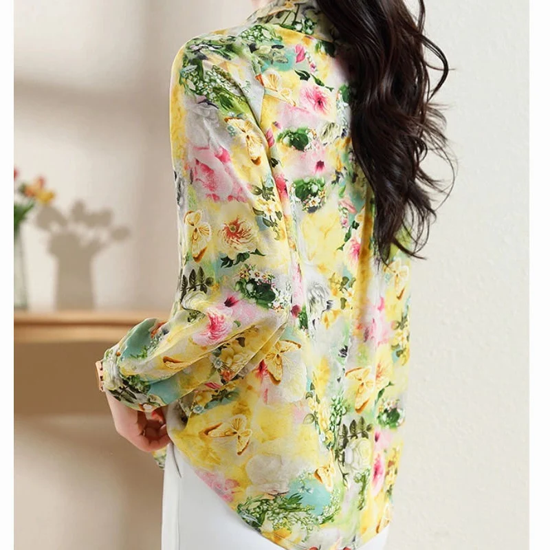 Spring Autumn New POLO Collar Fashion Long Sleeve Shirt Women Floral Printing Button Patchwork Cardigan Elegant Comfortable Tops
