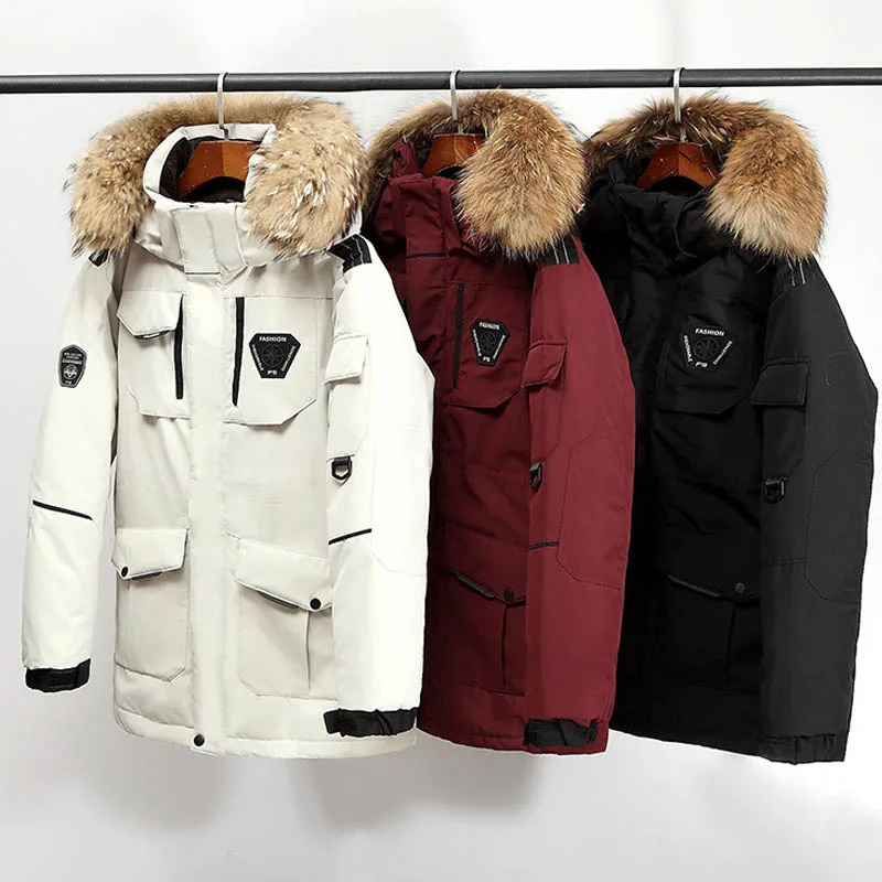 90% White Duck Down Parkas -30 Degree Motorcycle Down Jacket Men Coat Mid-length Large Fur Collar Thicken Coat Snow Overcoat