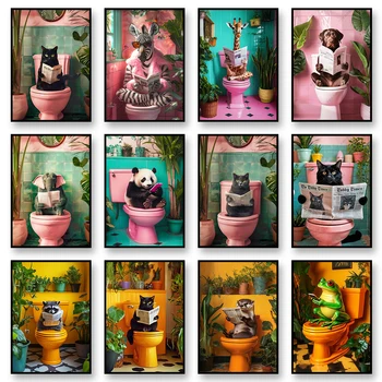 Bagno Gatto Lettura sul WC Tela Stampa artistica da parete Poster Divertente Decorazione animale Pittura Home Room Decor Regalo senza cornice 1