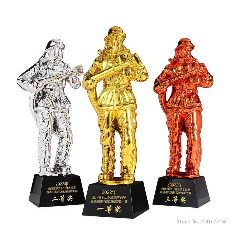 Customized Resin Firefighter Trophy Crystal Trophy Soldier Souvenirs Martial Arts Competition Home Decor Gold Silver Copper, 1Pc